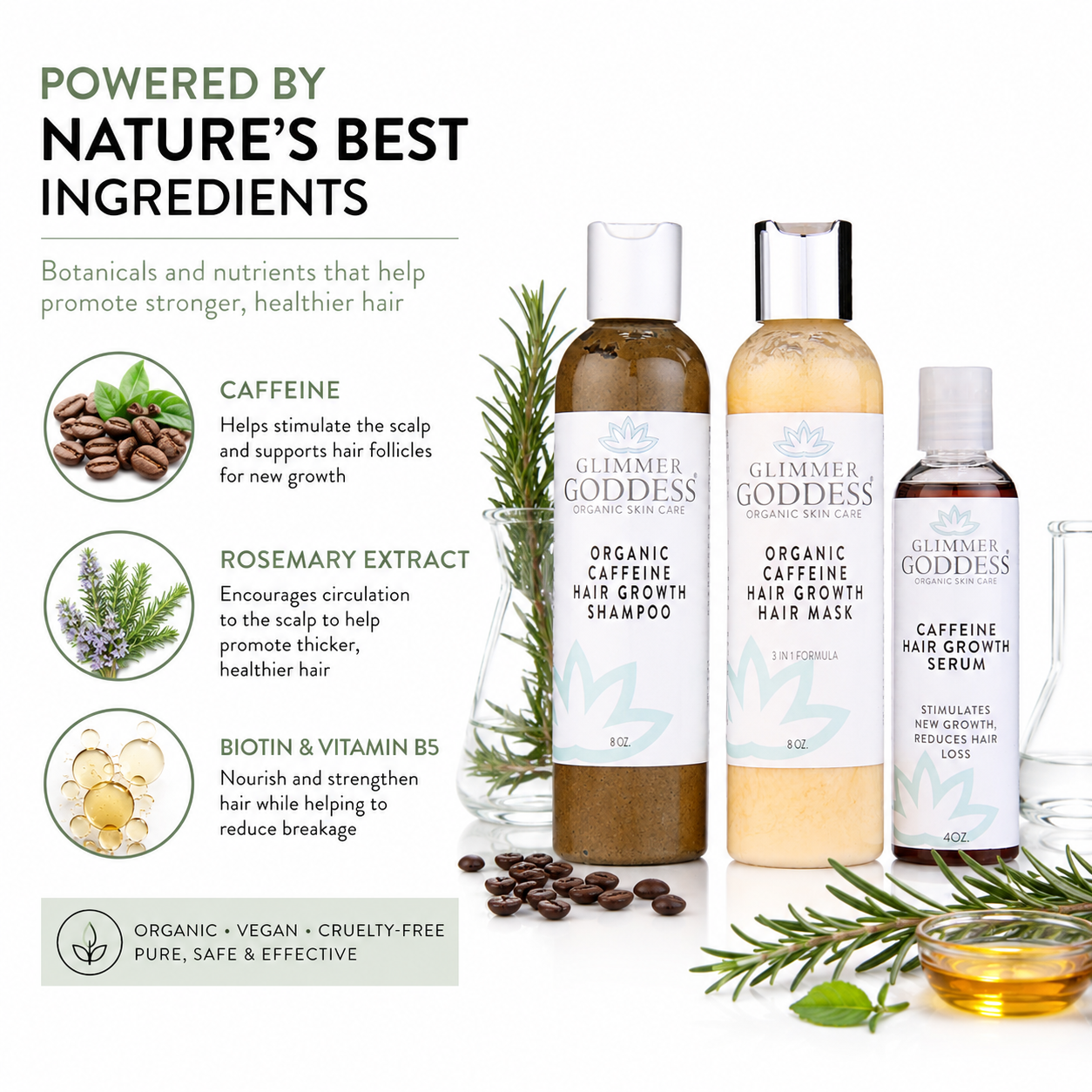 Organic Caffeine Hair Growth System – 3-Step Treatment Set