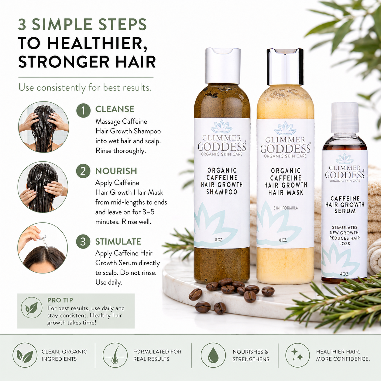 Organic Caffeine Hair Growth System – 3-Step Treatment Set